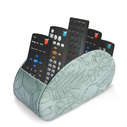 Remote Control Holder, PU Leather Remote Caddy Desktop Organizer with 5 Spacious Compartments for TV Remotes/Media Controllers/Office Supplies (1-Carved Green - color: 1-Carved Green