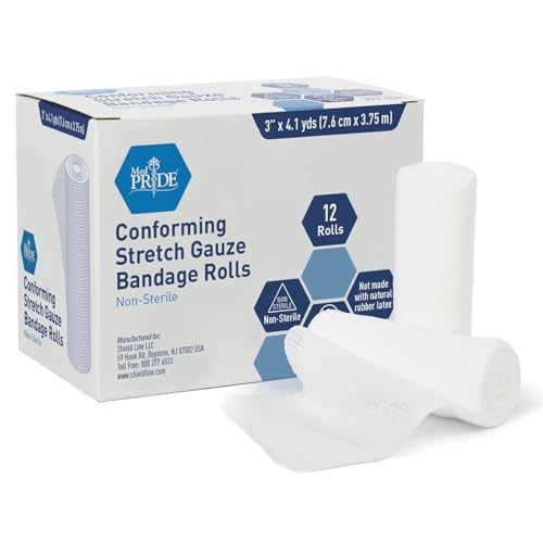 MED PRIDE Conforming Gauze Rolls First Aid Rolled Stretch Bandages for Wounds & Injuries – Disposable Nonsterile Body Wrap Dressing for The Knee, Ankle, Hands, Wrist, White (3''x 4.1 yd)
