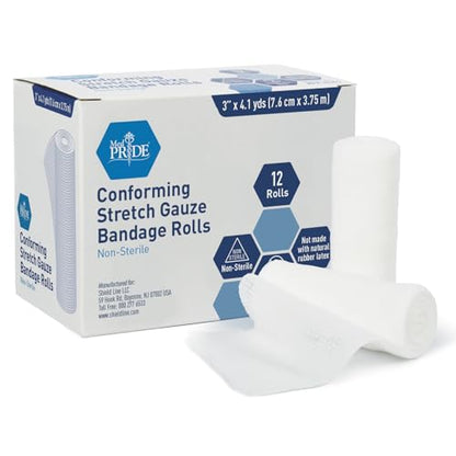 MED PRIDE Conforming Gauze Rolls First Aid Rolled Stretch Bandages for Wounds & Injuries – Disposable Nonsterile Body Wrap Dressing for The Knee, Ankle, Hands, Wrist, White (3''x 4.1 yd)