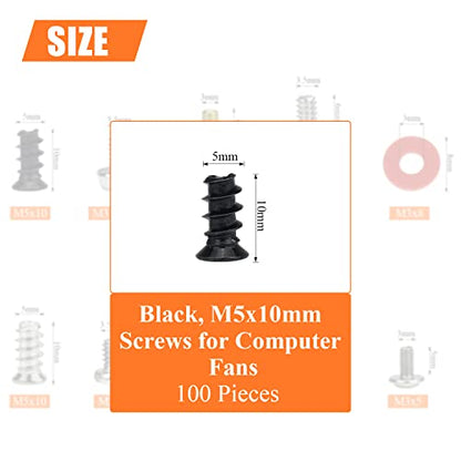 HELIFOUNER 100 Black Computer Case Fan Screws, M5x10mm Mounting Screws - color: Black, screws for computer case fan, M5x10