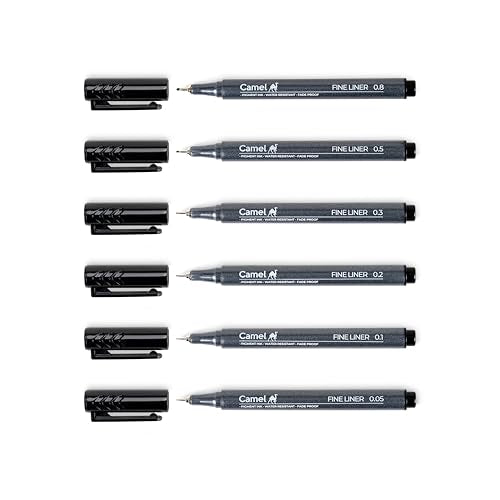 Camel Fine Liner Pens, assorted pack of 6 pens with 6 free A6 postcards