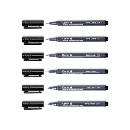 Camel Fine Liner Pens, assorted pack of 6 pens with 6 free A6 postcards