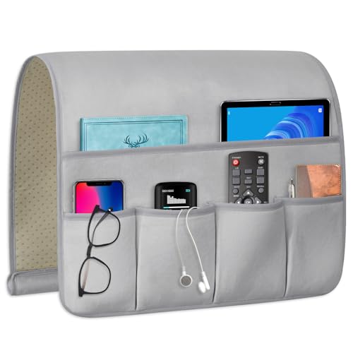 Remote Control Holder for Armchair Caddy, Remote Holder with 5 Pockets - color: LightGray, size: 35"x18"