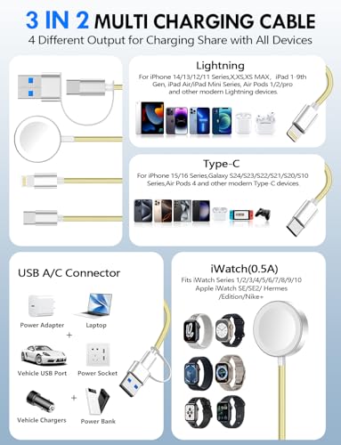 2Pack Travel Essentials for Apple Watch Charger,3-in-2 Multi Charging Cable - color: Yellow, size: 2Pack-4FT