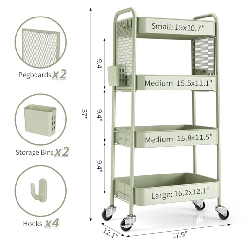 TOOLF 4 Tier Rolling Cart, Metal Utility Storage Cart with Pegboard, Green - color: Green, size: 4-Tier