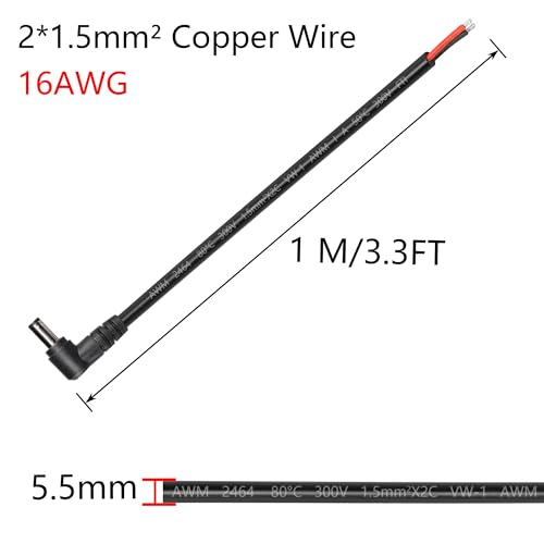 SinLoon 2 Pack DC5521 Power Pigtails Cable,16AWG 12V,90 Degree,3.3FT