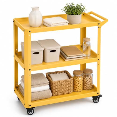 3 Tier Metal Utility Rolling Cart with Wheels, Yellow - color: Yellow