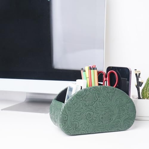 Remote Control Holder, PU Leather Remote Caddy Desktop Organizer with 5 Spacious Compartments for TV Remotes/Media Controllers/Office Supplies (1-Carved3 Green1 - color: 1-Carved3 Green1