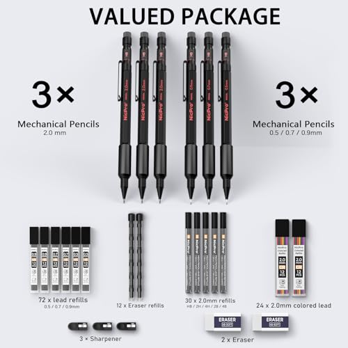 Nicpro 6 PCS Metal Mechanical Pencil Set, Art Drawing Pencil 0.5-2.0MM
