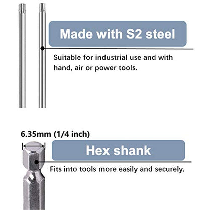 aiyun 8-Piece Security Bit Set Shark Vacuum Screwdriver Bits (150mm Length) - size: 150mm Length (T8-T40)