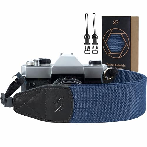 Padwa Lifestyle Blue Camera Strap - 2" Wide Genuine Leather Ends Camera Straps for Photographers, Vintage Cotton Woven Strap with Camera Quick Release Clips fits All Cameras and Binoculars - color: Z# - Blue