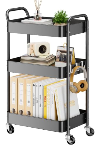 YASONIC 3-Tier Metal Rolling Cart Utility Carts with Wheels Black - color: Black