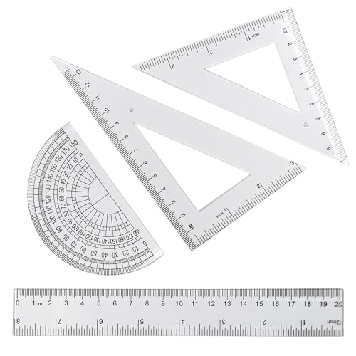 4 Pcs Math Geometry Set, Transparent Plastic Geometry Kit Includes Protractor, Straight Ruler, Triangle Ruler, Clear Measuring Tools, Drafting Ruler for School and Office Supplies