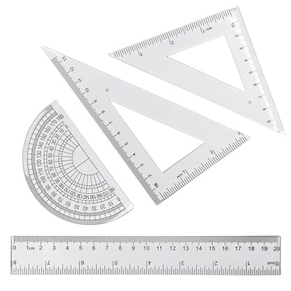 4 Pcs Math Geometry Set, Transparent Plastic Geometry Kit Includes Protractor, Straight Ruler, Triangle Ruler, Clear Measuring Tools, Drafting Ruler for School and Office Supplies