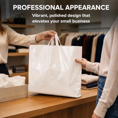 19x15 Large Plastic Shopping Bags for Small Business with Handles - color: White