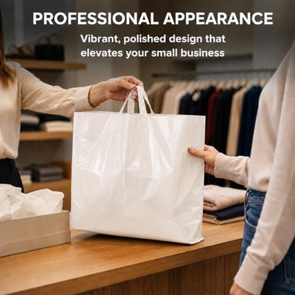 19x15 Large Plastic Shopping Bags for Small Business with Handles - color: White