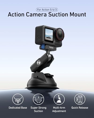 TELESIN Suction Cup Car Mount for DJI Action 6 5 pro/4/3 – Strong Magnetic Base, 360° Adjustable Dual Ball Head, Quick Release Camera Mount for Windshield, Dashboard & Smooth Surfaces