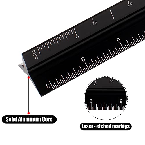 12" Architectural Scale Ruler, Aluminum Scale, Triangular Ruler, Scale Ruler for Blueprint Imperial Measurements for Architects Engineering Artists, Draftsman Drawing, Laser-Etched Markings.(Black) - color: black