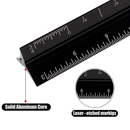 12" Architectural Scale Ruler, Aluminum Scale, Triangular Ruler, Scale Ruler for Blueprint Imperial Measurements for Architects Engineering Artists, Draftsman Drawing, Laser-Etched Markings.(Black) - color: black