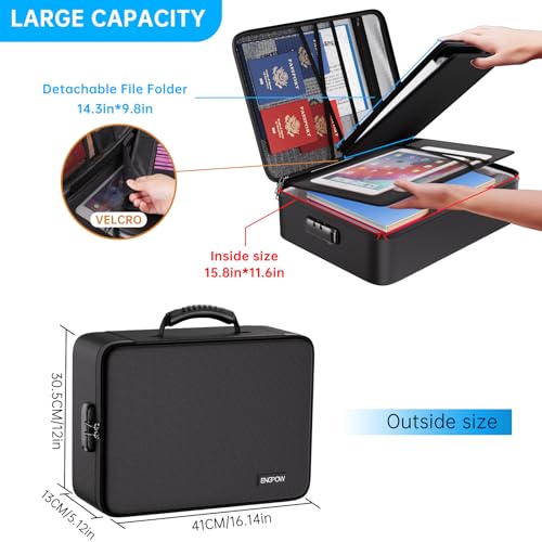 ENGPOW Fireproof Document Box with Lock,5200℉ Multi-Layer File Organizer - color: Black, size: 16.1" x 12" x 5.1"