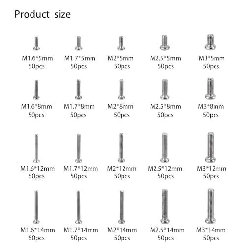 1000 Pcs Tiny Screws for Electronics, M1.6 M1.7 M2 M2.5 M3 Round Head Mini, Replacement Computer Screws, Small Machine Assortment Kit for Laptop Notebook Glasses Repair(1000)