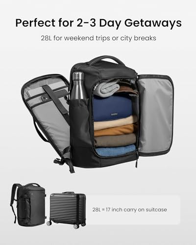 tomtoc Travel Backpack 28L,TSA Personal Item Bag Flight Approved,PFAS Free - color: Black-ripstop, size: 28L