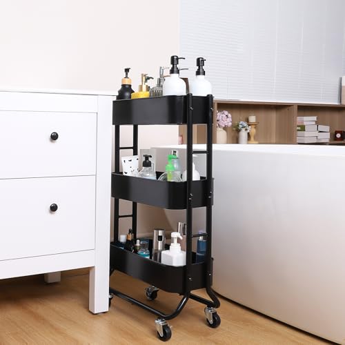 MAX Houser Slim 3-Tier Rolling Utility Cart with Extra Hook, Black - color: Black, size: 3-Tier Narrow Cart