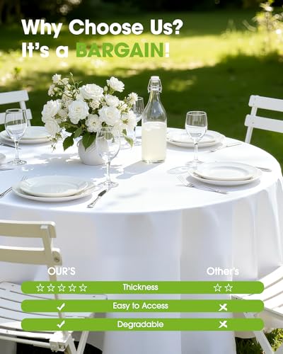 Pureegg Plastic Table Cloth Disposable 6 Pack, 84 Inch Round, White - color: White, size: 84" Round