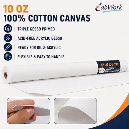 Large Primed Canvas Roll for Painting, 72 in x 6 yd, 10 oz Cotton - size: 72 in × 6 yd