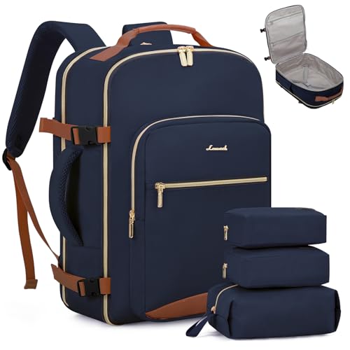 LOVEVOOK 50L Travel Backpack Flight Approved Carry on Backpack,3 Packing Cubes,Waterproof Personal Item Travel Bag,TSA Carry on Luggage Suitcase Travel Essentials,Gifts for Women & Men,fits 18" Laptop - color: Dark Blue-brown, size: X-Large-50L-4Pcs(Stand