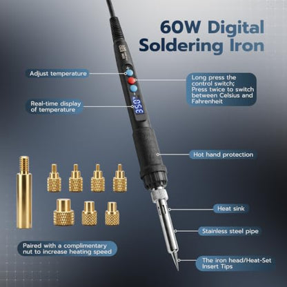 60W Soldering Iron Heat Set Insert Kit with 100PCS Brass Knurled Inserts
