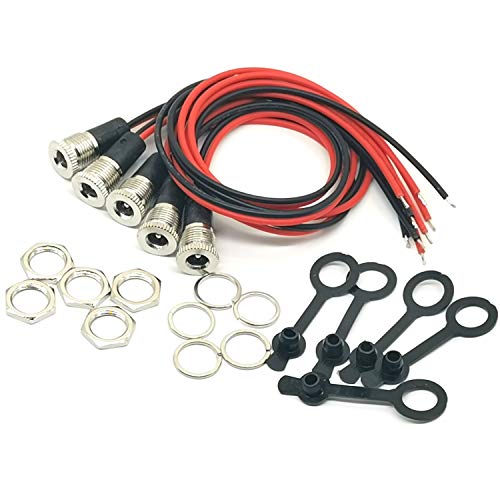 5Pack 5.5 x 2.1 MM 10A DC-099 Power Jack Cord Socket Threaded Female Mount Connector Adapter with Waterproof Cover Cap 11.8 inch