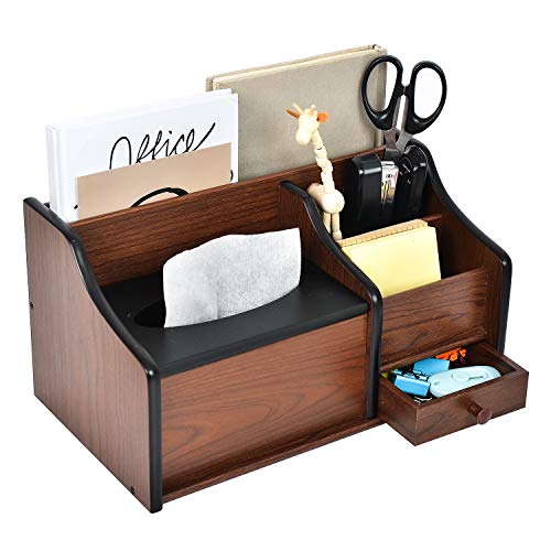 Cherry Brown Wood Desk Organizer Tissue Box Lid Multiple Slots Drawer Tabletop Storage Cabinet Solid Wood Phone Tablet Remote Control Holder Office Supplies Caddy Accessory Sorter Home