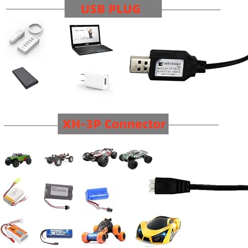 7.4V 1A USB Charging Cable for RC Batteries (2S Lipo), XH-3P Connector, 2-Pack - Works with SCX24, FPV Drones, SplatRBall