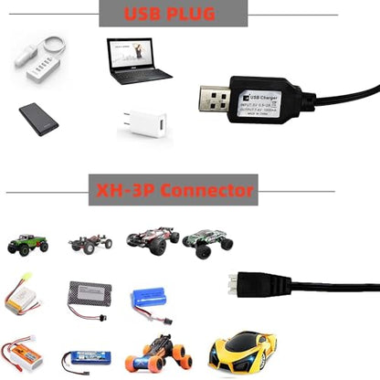 7.4V 1A USB Charging Cable for RC Batteries (2S Lipo), XH-3P Connector, 2-Pack - Works with SCX24, FPV Drones, SplatRBall