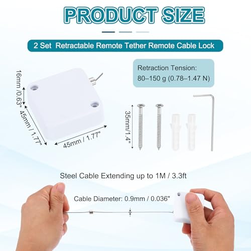 PATIKIL Retractable Remote Control Cable Tether (3.3ft /1M, White)(2 Set) Remote Control Security Lanyard Lock Adjustable Locking Leash with Plastic Cap and Screws, Suit for - TVs/Tablets - color: White, size: 3.3 ft