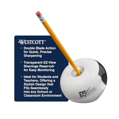 Westcott iPoint Eclipse Battery Pencil Sharpener, Unique Two-Blade Technology, EZ-View Reservoir, Requires 4 AA Batteries, White, for Home, Small Office, Classroom, Back to School, School Supplies