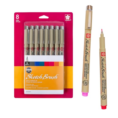 Sakura Pigma Sketch Brush Pens, Flexible Tips, Archival Ink, 8 Color Set