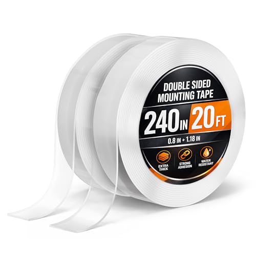 HYQO 2 Rolls Clear Double Sided Tape Heavy Duty, 240"x1.18" & 0.8" (20 Ft) - size: 1.2" х 240" & 0.8" (0.08" Thick)