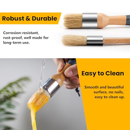 Chalk Paint Brushes Set of 4, Flat and Round, Natural Bristles - size: 1 Flat + 3 Small Round, 4 Pack