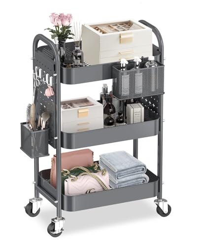 ALVOROG 3 Tier Metal Rolling Utility Cart with Pegboards,Baskets,Hooks,Gray - color: Grey