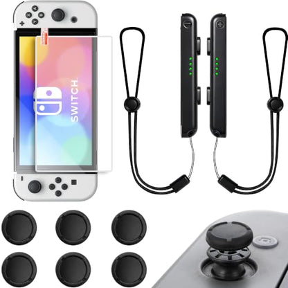 Switch Oled Screen Protector Accessories Compatible With Nintendo Switch Oled w/ 6 Thumb Grips Joystick Caps and Switch Controller Grip Wrist Strap, Button Caps Knob Cover For Joycon Switch 1 7.0" - size: 7.0''