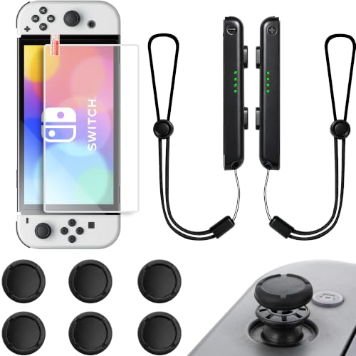Switch Oled Screen Protector Accessories Compatible With Nintendo Switch Oled w/ 6 Thumb Grips Joystick Caps and Switch Controller Grip Wrist Strap, Button Caps Knob Cover For Joycon Switch 1 7.0" - size: 7.0''