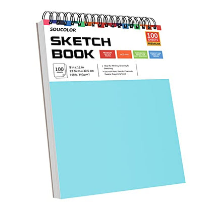 Soucolor 9x12 Sketch Book 2-Pack, 100 Sheets, Acid-Free Drawing Pads - color: Blue&Pink, size: 9" x 12" (Pack of 2)