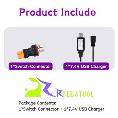 RC Battery Accessory Kit,No Wires Deans T Male (red) Connector Switch to XT30 Female (Yellow) Adapter, for Remote Control Toy Boat FPV Drone Car etc - 1 Pcs with 7.4V USB Charger Cable