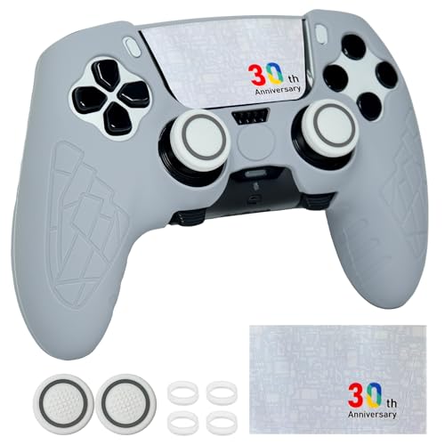 Grey Anti Slip PS5 Edge Controller Skin Set,Soft Protective Controller Cover Case for PlayStation 5 Edge with Touch Pad Stickers and 2 Thumb Grip Caps(30th Grey) - color: 30th Grey