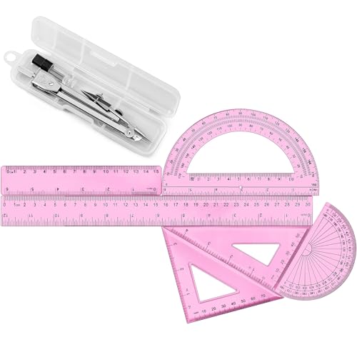 Zonon 7 Pcs Geometry Set with Drawing Compas, 6&4 Inch Protractors, Pink - color: Pink