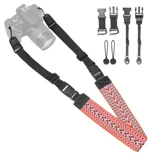 YFWE Adjustable Camera Neck Strap, Vintage Woven Shoulder & Crossbody Camera Strap with 4 Connection Ways, Anti-Slip Camera Strap for DSLR, Mirrorless & Camcorder, Travel & Outdoor Photography Gear - color: Striped Multicolor Orange
