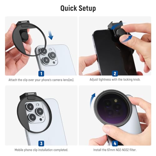 NEEWER 67mm Clip On Variable ND Filter Kit with Cold Shoe Phone Clip, Adjustable ND2-32 Filter Compatible with iPhone 17 16 15 Pro Max Plus Android Samsung Galaxy S24 S25 Ultra - style: ND2-ND32 w Threaded Adapter Ring