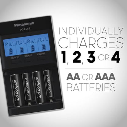 Panasonic BQ-CC65AKBBA Super Advanced eneloop pro and eneloop 4-Position Quick Charger with LCD Indicator Panel and USB Charging Port, Black - size: (Pack of 1)